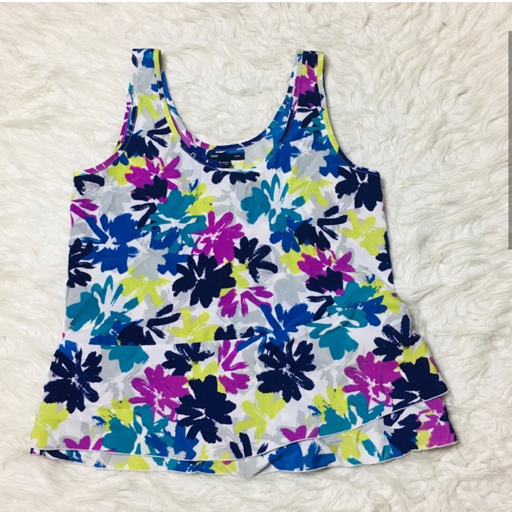 Gap Tank Top Sleeveless White Floral Layered Hem Size XS